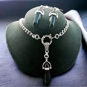 SET ! Genuine black obsidian bullet necklace + earrings stainless steel necklace